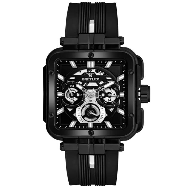 Men’s Square Skeleton Watch – Black Bezel, Black Silicone Strap