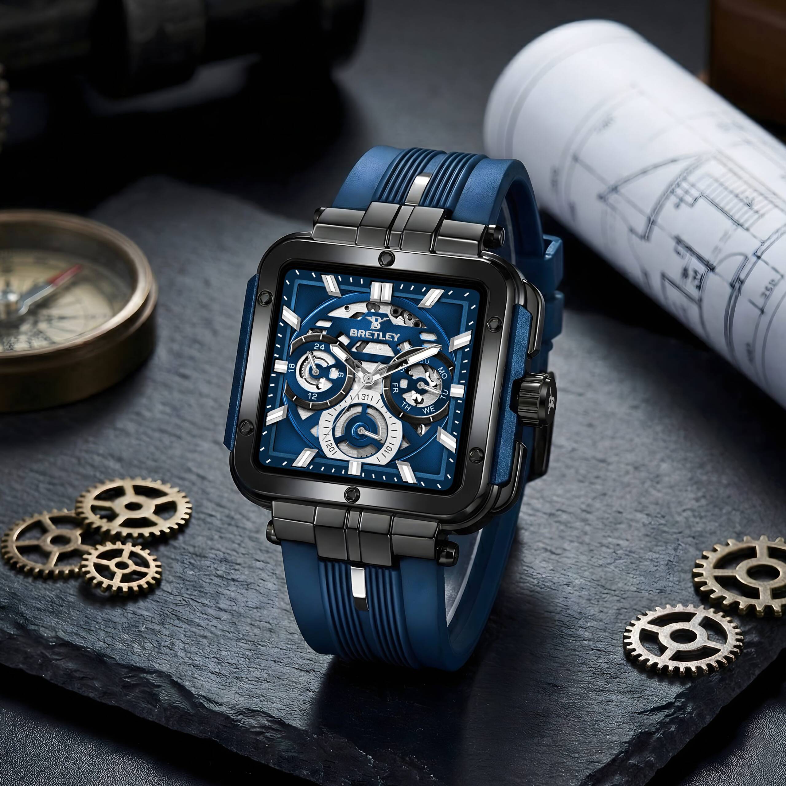 Gun Metal Bezel Blue Silicone Strap Men’s Watch - Image 3